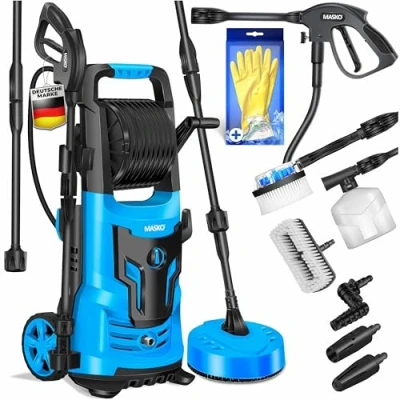 Afbeelding van MASKO® Hogedrukreiniger 2200 Watt 165 bar 450 l/u, met spoel slanghaspel 10 m slang 9 delige accessoireset, zeepfles schuimmondstuk, hogedrukpistool voor auto&#039;s/hekken/tuin/patio&#039;s