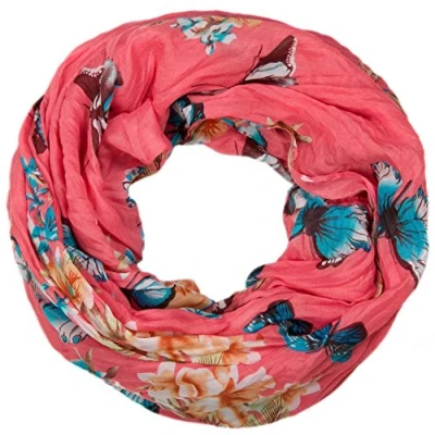 Afbeelding van styleBREAKER dames lus sjaal met kleurrijke vlinder en bloem print, Crash Crinkle sjaal, 01016013, Kleur:Koraal