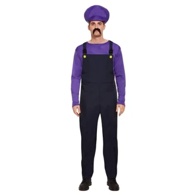 Afbeelding van Henbrandt Volwassen mannen paars slechte loodgieter verkleedkostuum retro jaren 80 videospel + zwarte overalls snor broers werkman aankleden outfit één maat standaard heren