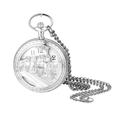 Afbeelding van JewelryWe Moederdagcadeau retro zakhorloge met ketting dames heren analoog kwarts kettinghorloge vintage horloge hanger halsketting cadeau voor vrouwen mannen, Zilver Trein