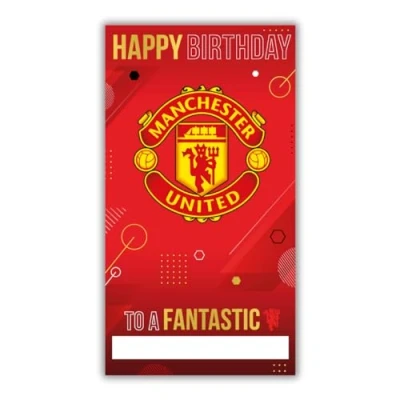 Afbeelding van Manchester United Football Club verjaardagskaart. Wordt geleverd met stickers om te personaliseren je bijschrift, mama, vader, kleinzoon, vriend, open verjaardagskaart, rood