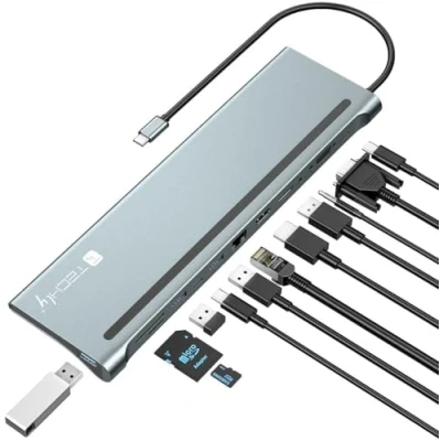Afbeelding van Techly Docking station USB C 12 in 1 (USB C, 3 Havens), + hub, Grijs