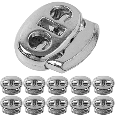 Afbeelding van Koordstopper van metaal, met 2 openingen, 10 stuks, tot Ø 4 mm koord, zilver, bandklem voor jas, sportkleding, rugzak, rubberen koordstopper, snelsluiting veters, glijbaan, V1, gaten, stuks.