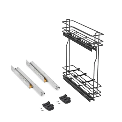 Afbeelding van Emuca Flessenrek uitschuifbaar voor keukenmeubels, zijmontage, met zachte sluiting, Module150mm, Antraciet grijs, Staal