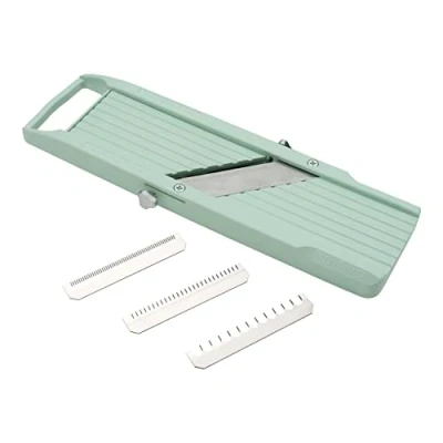 Afbeelding van Benriner BN 1GR Japanse handheld mandolinesnijder met drie verwisselbare roestvrijstalen messen ivoor, groentefruitsnijder, dunschiller, roestvrij staal, groen