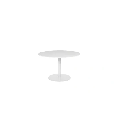 Afbeelding van Linesto 120cm ronde vergadertafel op vaste hoogte (74cm) met krijtwit 25mm blad en witte (RAL9010) trompetvoet