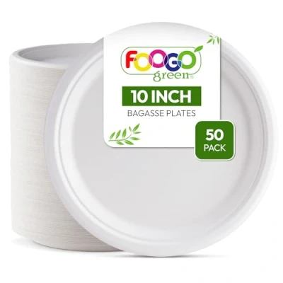 Afbeelding van FOOGO Green 50 Wegwerp Suikerriet Bagasse Platen, 10 inch (25 cm), Grote Ronde Stevige Papieren Milieuvriendelijke Biologisch Afbreekbare, Thuis Composteerbare Borden voor Warm Voedsel,