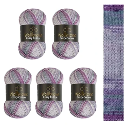 Afbeelding van Wollbiene Crazy Cotton Batik, 5 x 100 g, 500 gram met kleurverloop, 55% katoen, meerkleurig, breiwol, wol voor het hele jaar (6050 bessen, paars)