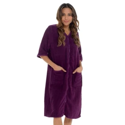 Afbeelding van Undercover Badjassen van badstof voor dames, 100% katoen, met ritssluiting, ochtendjas of zonder capuchon, badjas, Paars, 50 52