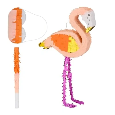 Afbeelding van Relaxdays piñata flamingo met stok en blinddoek zelf vullen set