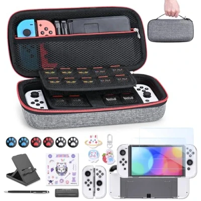 Afbeelding van Switch OLED accessoiresbundel innoAura 18 in 1 bundel met NS Case, Game schermbeschermer, standaard, duimgrepen (Grijs)