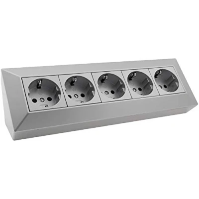 Afbeelding van ChiliTec Stekkerblok, hoekstopcontact, 5 voudig, geaard stopcontact, opbouw en onderbouwstopcontact, meervoudige stekkerdoos voor keuken, kantoor, werkplaats, zilvergrijs