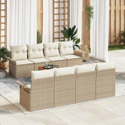 Afbeelding van vidaXL 9 delige tuinsofa set met kussens Beige Poly Rattan Acacia