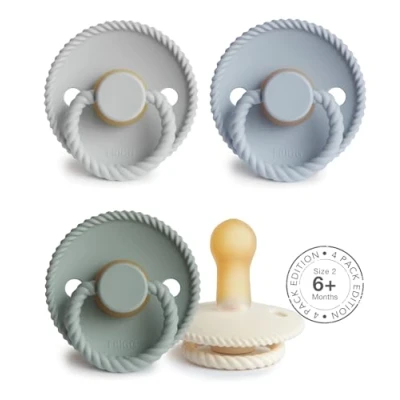 Afbeelding van FRIGG Rope Latex fopspeen, verpakking met 4 natuurlijk rubber, gemaakt in Denemarken, BPA vrij, symmetrische kersenspeen (Seaside Serenity, maat 2, 6 18 maanden)
