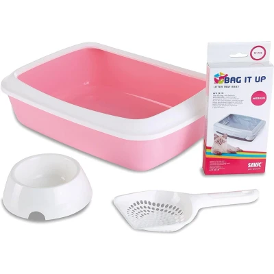 Afbeelding van Savic Kitten Kattenbak Iriz Startset Roze / Wit 42X31X12,5 CM