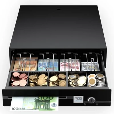 Afbeelding van POS VALLEY Kassalade 33x37 cm Elektrische opening 12V/24V (RJ) 3 standen cilinderslot met 2 sleutels voor handmatige vergrendeling Zwart