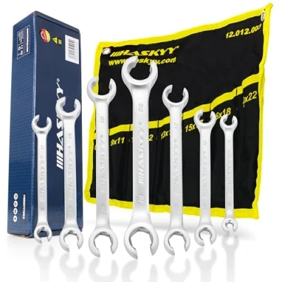 Afbeelding van HASKYY Remleidingsleutel set steeksleutel open 7 delig dubbele ringsleutel 6 22 mm 15 schuin remleiding sleutel