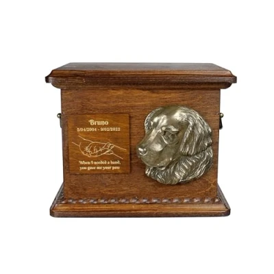 Afbeelding van Art Dog Urn voor hondenas Handgemaakt gedenkteken met reliëf, gepersonaliseerde gravure en koudgegoten bronzen buste 8,3x11,4x8,7 Golden retriever