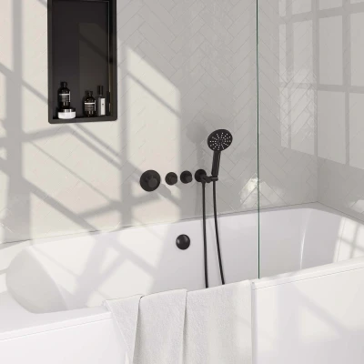 Afbeelding van Brauer Black carving inbouw douchegarnituur 3 knoppen handdouche rond standen Electroplating mat zwart