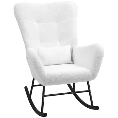 Afbeelding van HOMCOM Schommelstoel met Teddy Stoffen Look Lendenkussen Wit