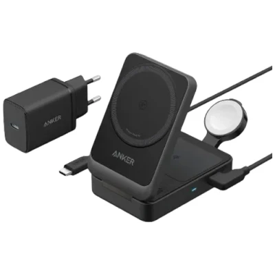 Afbeelding van Anker MagGo 3 in 1 oplaadstation Qi2 gecertificeerd draadloze MagSafe oplaadstandaard van 15 W Apple Watch oplader voor iPhone 14/15, AirPods, 9 (incl. 40W USB C oplader)