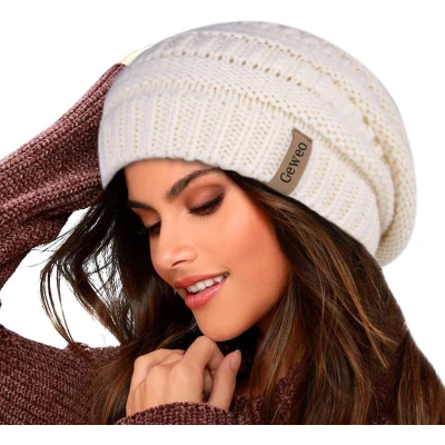 Afbeelding van Geweo Beanie Muts Wintermuts Warme Mutsen Gebreide Skimutsen Heren Dames Gevoerd Wol Wit