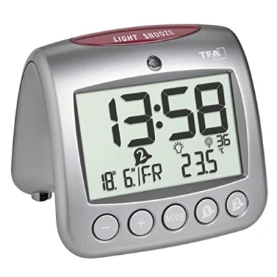 Afbeelding van TFA Dostmann zendergestuurde wekker SONIO 2.0, 60.2559.54, met temperatuur, twee wektijden, snooze functie, weergave van weekdag en datum, achtergrondverlichting, zilver, (L) 112 x (B) 98 (H) mm
