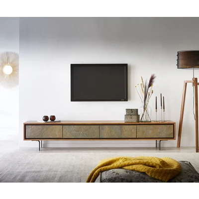 Afbeelding van TV meubel Juwelo 220x35x40 acacia natuur steen fineer metaal zwart