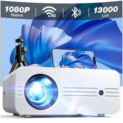 Afbeelding van projector [Upgrade] Beamer 5G WiFi Bluetooth 13000 Lux Native 1080P 4K Ondersteund, iZEEKER Mini 300 thuisbioscoop Compatibel met iOS Android HDMI TV Stick PS5 (Tas en Statief Inbegrepen)
