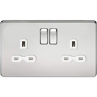 Afbeelding van Knightsbridge SFR9000PCW Schroefloze 13A 2G Dp Geschakelde Socket Gepolijst Chrome met Wit Tussenvoegsel