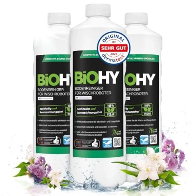 Afbeelding van BiOHY Vloerreiniger voor dweilrobots met een frisse lentengeur (3 x 1l Fles) Reinigingsmiddelconcentraat alle Schuimvrij &amp; Streeploos Duurzaam 1:200 concentraat (Wischroboter