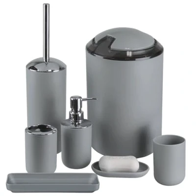 Afbeelding van Badkamer Accessoires SetIMAVO 6 stuks Plastic TandenborstelhouderTandenborstel CupZeepdispenser, Zeepvaatje Toiletborstel en HouderAfvalemmer met rietje voor Grijs