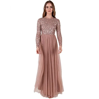 Afbeelding van Maya Deluxe AZBR1803 MM Vrouwen Dames Jurk voor Bruiloft Gast Plus Size Empire Hoge Taille Pailletten Lange Mouw Avond Bruidsmeisje, Pale Mauve, 52 EU