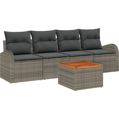 Afbeelding van vidaXL 5 delige Tuinbankset met Kussens Grijs Poly Rattan Acacia
