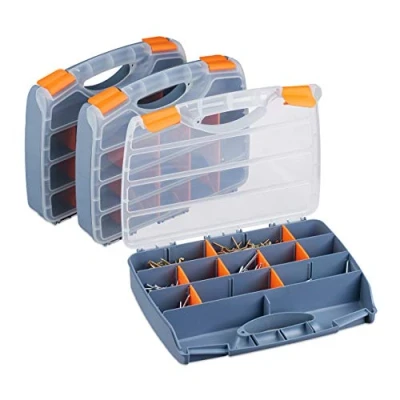 Afbeelding van Relaxdays sorteerdoos, set van 3, met handvat, afsluitbaar, HBD: 6 x 32 24 cm, assortimentsdoos, vakkendoos, grijs