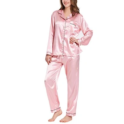 Afbeelding van Ladieshow Vrouwen Pyjama Satijn Dames Pj Set Lange Mouw Nachtkleding Tweedelige Set, roze, S