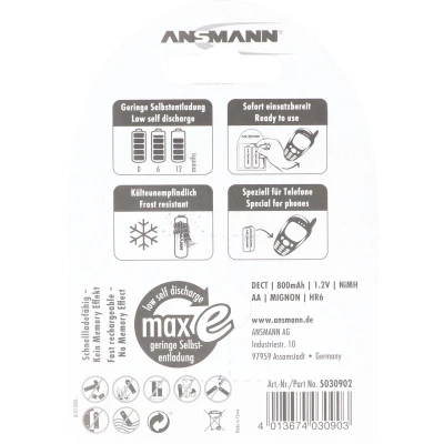 Afbeelding van Ansmann NiMH batterij Mignon 800mAh DECT dubbele blister