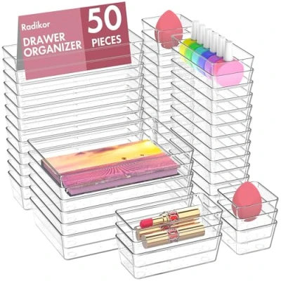 Afbeelding van Radikor Lade organizer, 50 stuks, transparante kunststof ladedozen in 4 maten, stapelbare ladeverdelers voor badkamer, keuken, make up