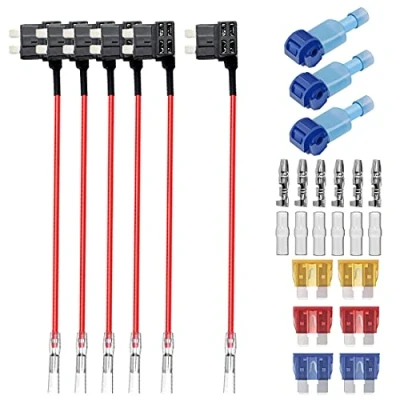 Afbeelding van GUUZI 6 stks 12V 24V ACU Standaard Add A Circuit Zekering Adapter met Kabelboom, Medium Zekeringhouder Vervangende Zekeringen(5A/10A/15A)