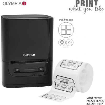 Afbeelding van Olympia Thermische Label Printer P220 Wireless Zwart Incl. smartphone app Bluetooth USB etiketten Thuis Kantoor Hobby