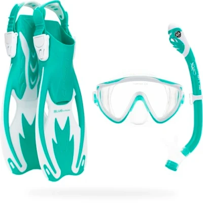 Afbeelding van CRESSI Tinetto Rocks Dry Set Aqua Green/White S/M Snorkelset voor Kinderen Kort Verstelbare Vinnen, Siliconenmasker en Droog Snorkel, Groen/Wit,