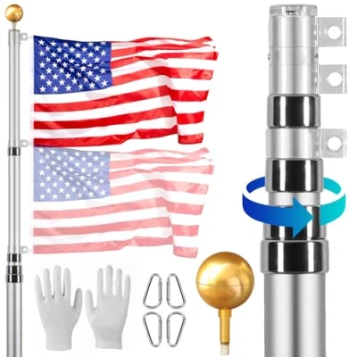 Afbeelding van VEVOR Telescopische vlaggenmastset, robuuste vlaggenmastset van aluminiumlegering in de bodem voor buiten, 3 weergavemodi, vlaggenmast met professionele accessoires, Duitse vlag, zilver