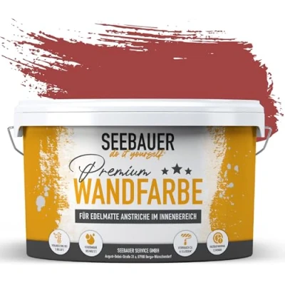 Afbeelding van SEEBAUER diy muurverf rood 2,5L voor binnen (No. 336 Red Wine) edelmat wijnroode binnenverf roodtinten zeer hoge dekkracht mat, wasbaar en druppelvrij