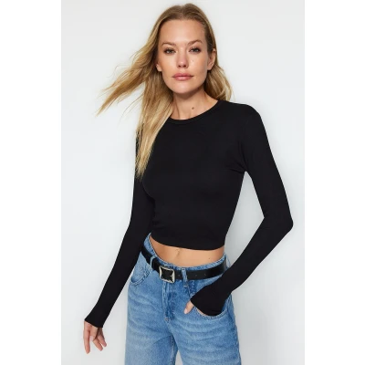 Afbeelding van Trendyol Bruine Premium Viscose Ronde Hals Crop Flexibele Gebreide Blouse Twoaw24Bz00116