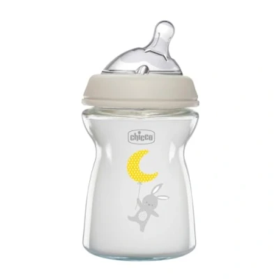 Afbeelding van Chicco Natural Feeling Anticolic fles, 0 maanden + 250 ml, van glas, fles met zuignap zachte en flexibele siliconen, geschikt voor gemengde borstvoeding, langzame doorstroming, neutrale kleur