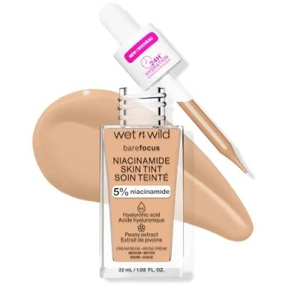 Afbeelding van Wet n Wild Bare Focus Niacinamide Skin Tint, Lichte Foundation met Opbouwbare Formule, Verrijkt HyaluronZuur en Vitamine E voor een Stralende Look, Crème Beige