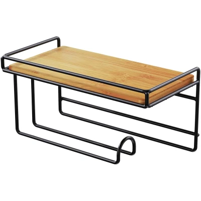 Afbeelding van Toiletpapierhouder zonder boren met bamboe plank, zelfklevende wc papierhouder, wandmontage, papierhouder voor badkamer (mat zwart)