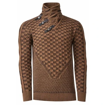 Afbeelding van Rusty Neal Staande kraag heren gebreide trui colkraag contrast grof 415, camel, XXL