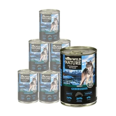 Afbeelding van Dehner Wild Nature Hondenvoer, bergzee, natvoer graanvrij/suikervrij, voor volwassen honden, zalm/kip, blik van 6 x 400 g (2,4 kg)