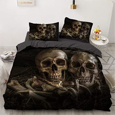 Afbeelding van Luowei Beddengoed met doodshoofd, 200 x cm, schedelmotief, beddengoedset, zachte microvezel, dekbedovertrek ritssluiting en 2 kussenslopen van 80 cm